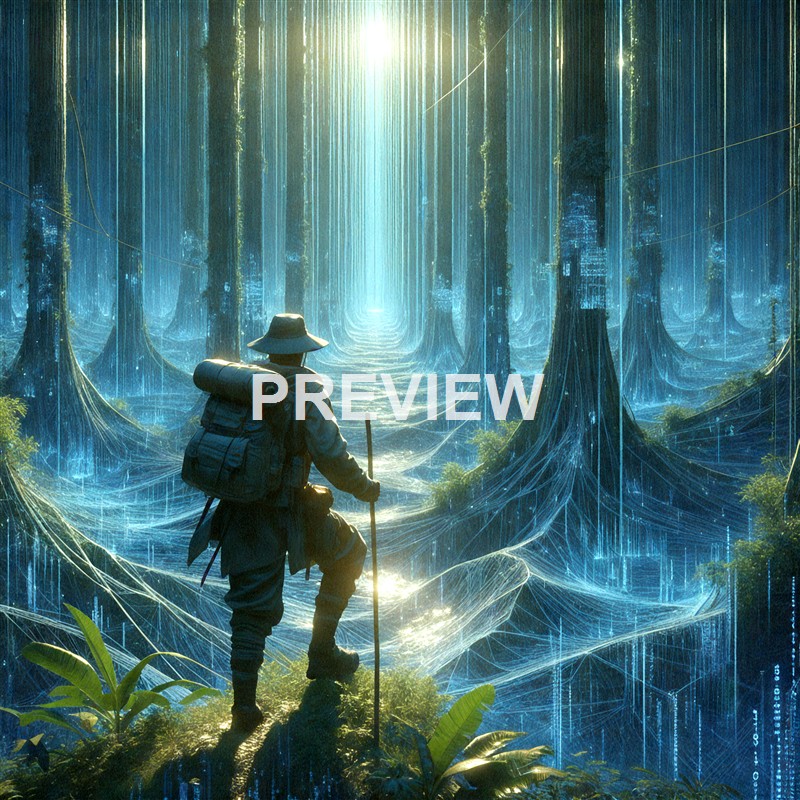 A person with a backpack and hat stands on a forest path with digital blue lines and glowing structures integrated into the trees, creating a futuristic, cybernetic woodland scene.